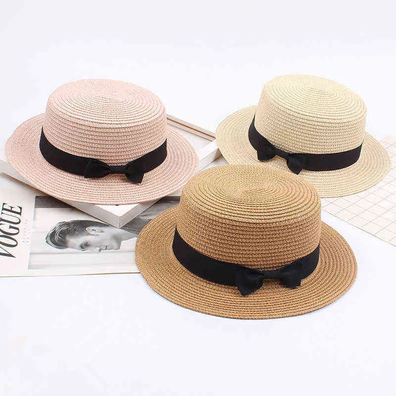 2019 Sommarhatt Kvinnor Beach Straw Hat Panama Cap Fashionable Handgjorda Casual Flat Brim Bowknot Sun Hattar för Kvinnor Gorras G220301