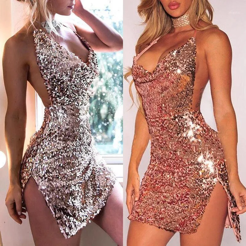 Deep V-образные вырезы осенью розовое золото блестение спинки сексуальное платье женщин с плеча мини-сплит платье вечеринки клуб ремешок платья Vestidos1