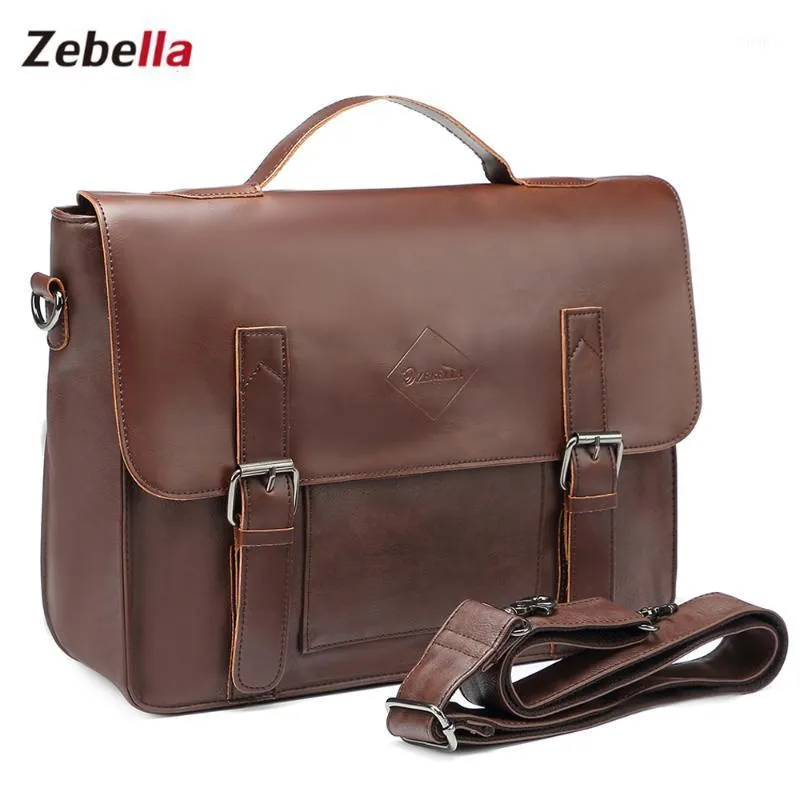 Borteiras Zebella Business Men's Business PU Couro Brown Brown Laptop Messenger Bags Classic Portfolio Documento Bolsa de Escritório 1