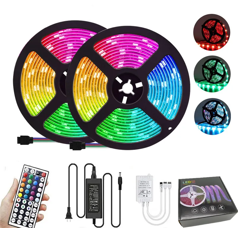 RGB LED Strip Lights 5M 10M SMD5050 RGB LED Lights Waterproof Flexible Ribbon With 44 Key Remote Control 12V 5A Power Supply Decorative Lighting For Home Party Bedroom Gift Box Included From Ledwanse