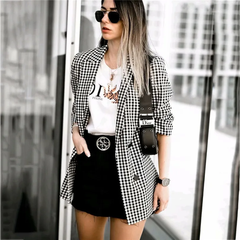 dou04 Women Elegant Black White Plaid Blazer Jacket Three Quarter Sleeve Pocket Decoration Office Wear Female Outerwear Chic S 201201