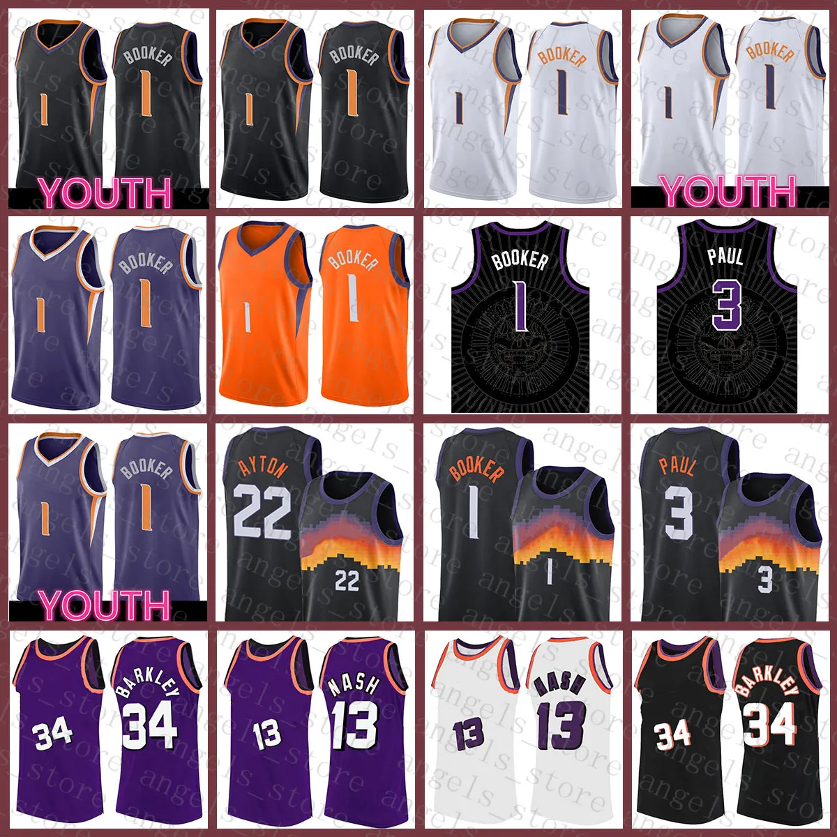 2021 Ny Devin 1 Booker Basket Jersey Chris 3 Paul Mens Steve 13 Nash Youth Kids Charles 34 Barkley Deandre 22 Ayton Black