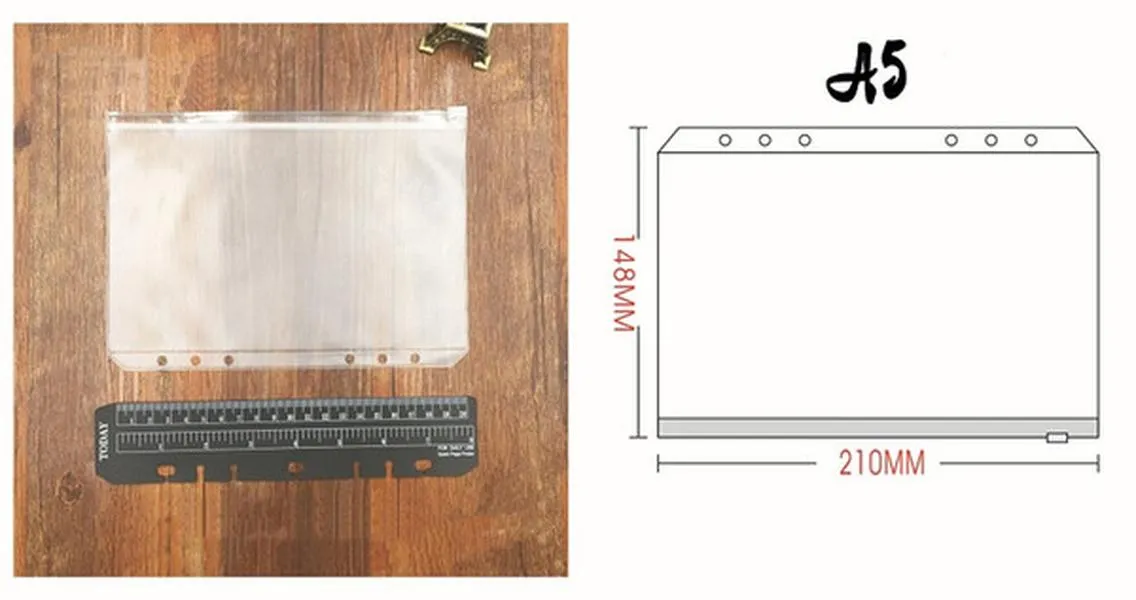 For Notebooks A5 A6 A7 Temizle Delikli Bağlayıcı Cepler 6 Delikler Fermuar Serbest Yaprak Çanta PVC Buzlu Notebook saran Depolama Cepler