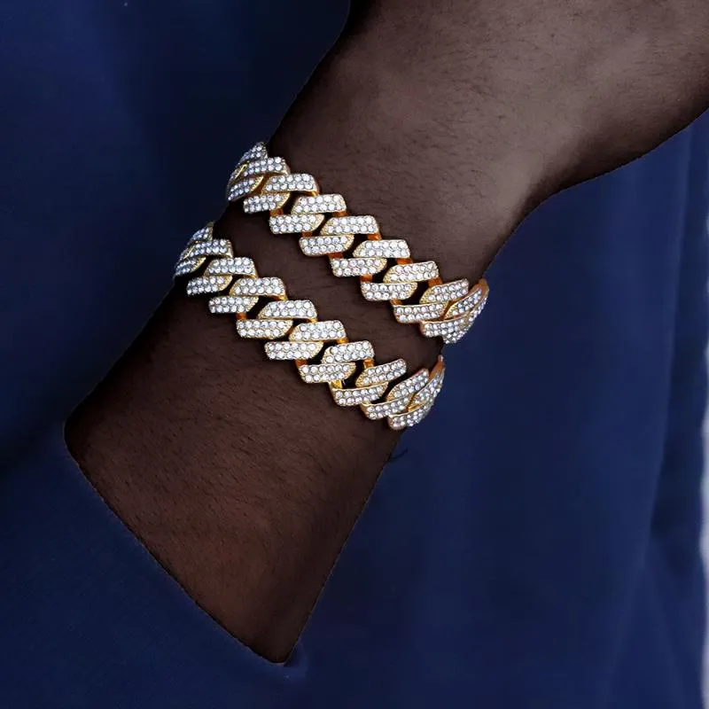 Collegamento, catena 15mm Iced Out Bracciale Braccialetto Hip-hop Braccialetti cubani Bracciali per le donne Repaper di cristallo Mano gioielli di lusso