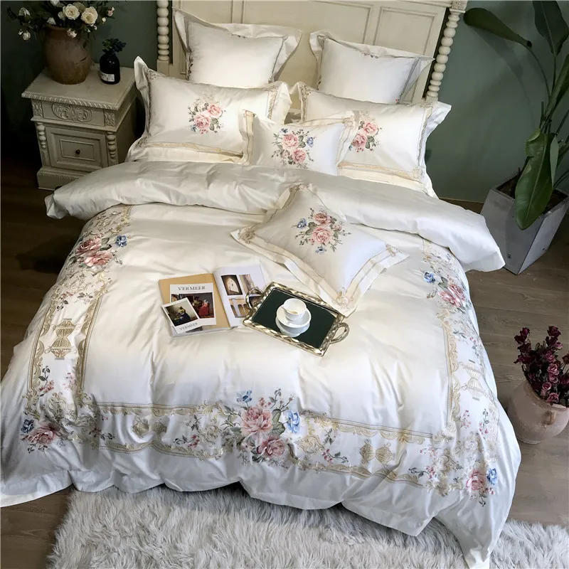 Set di biancheria da letto bianca ricamata di lusso in cotone egiziano 800TC Set di biancheria da letto matrimoniale king size Copripiumino Copripiumino parure de lit 201119