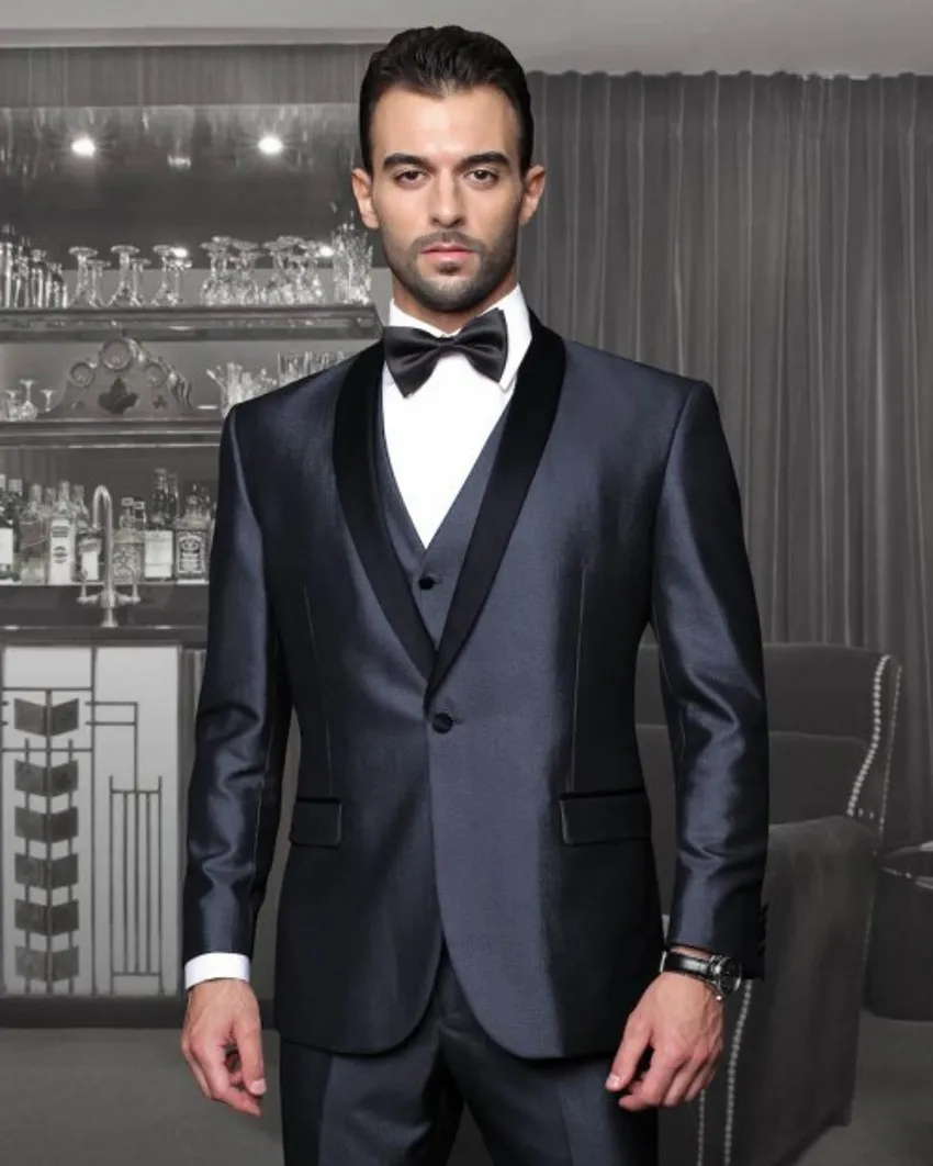 Ny mode Shiny Navy Blue Groom Tuxedos Groomsmen Utmärkt sjal Lapel Man Bröllopskläder Högkvalitativ Män Party Prom Suit (Jacka + Byxor + Tie + Vest) 2811