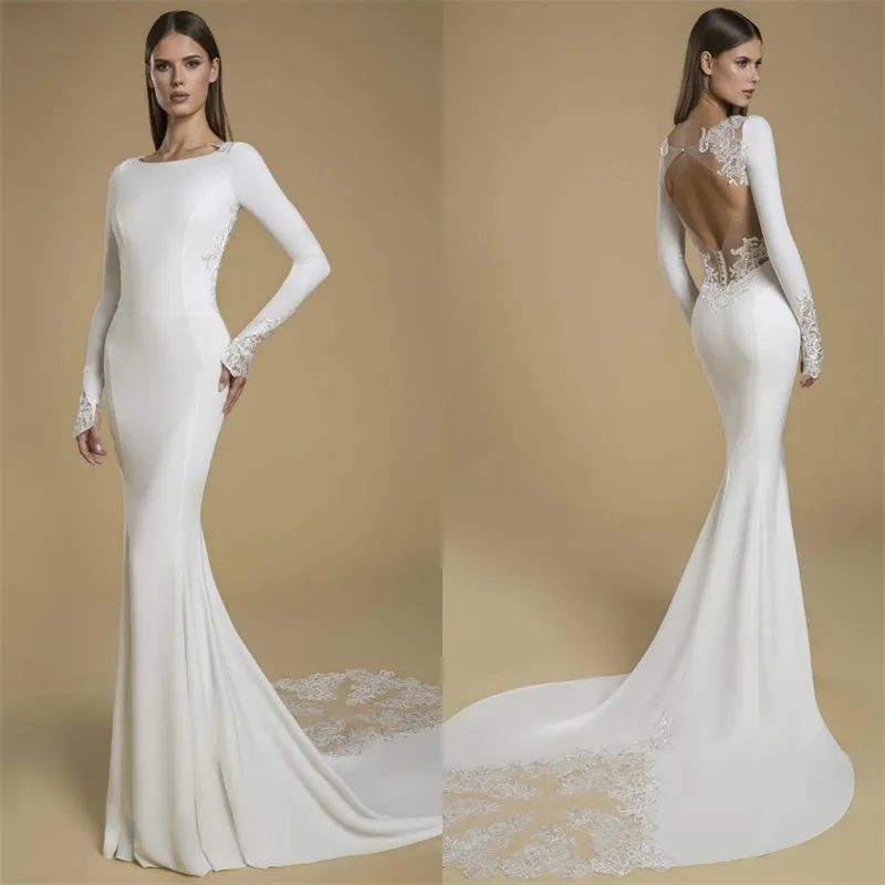 Sexy Backless Mermaid Wedding Dresses With Appliqued Lace Bridal Gown Chic Jewel Long Sleeves Vestidos De Novia Custom Made Cheap