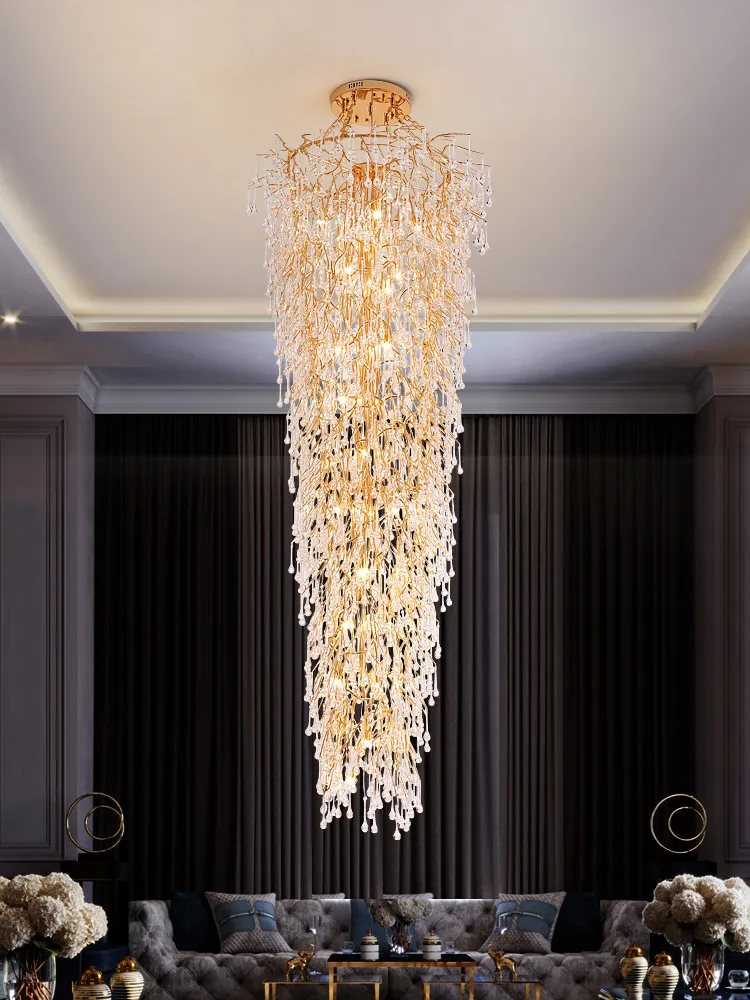 Moderna gyllene grenar kristall ljuskronor LED romantisk träd ljuskrona ljus armatur europeisk stor lång trappa hem inomhus belysningsdiameter120cm H280cm
