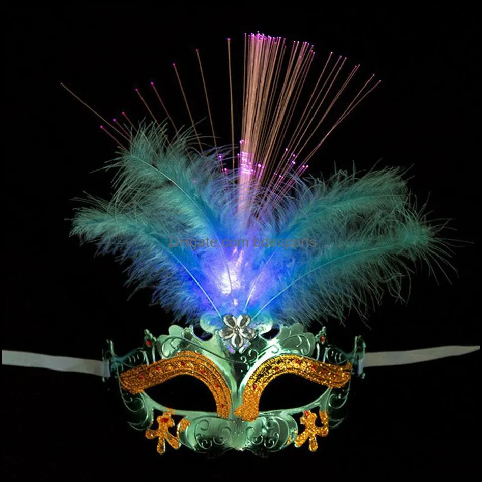 LED Halloween Party Flash Glowing Feather Mask Mardi Gras Masquerade Cosplay Venetian Masks Halloween Costumes Gift189N