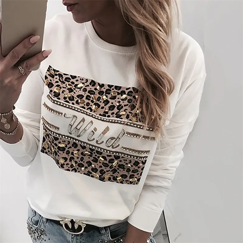 Pull blanc Femmes Casual Leopard Sweat-shirt Automne Manches longues Nouvelle Femme Reinstone Lettre Imprimé Sweat à capuche Pulls D30 201030