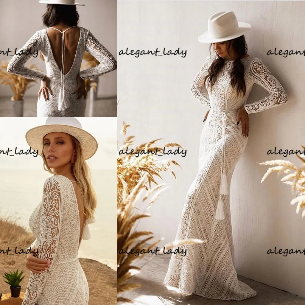 Abiti da sposa vintage a sirena con maniche lunghe 2021 Abiti da sposa boho country a tromba con collo gioiello in pizzo di cotone all'uncinetto senza schienale