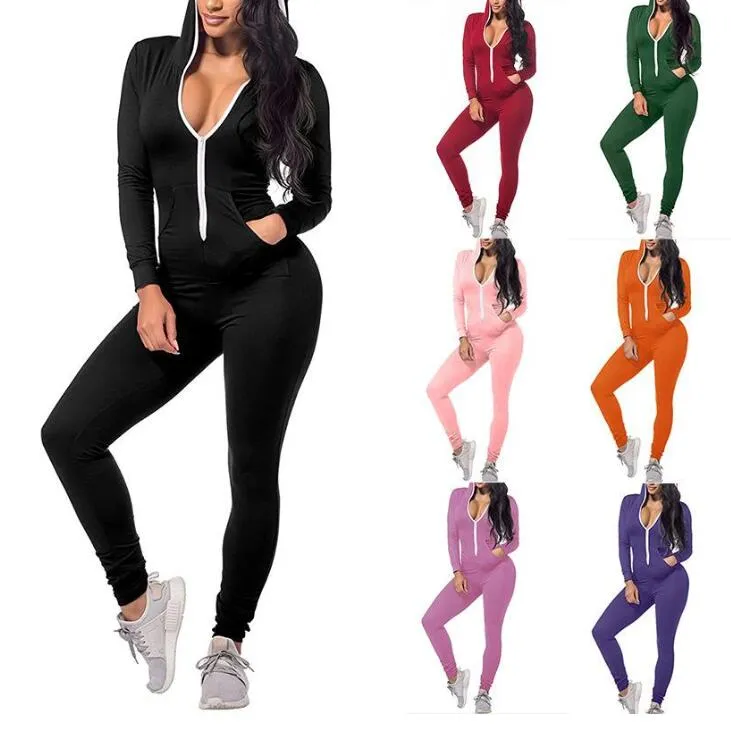 Femmes Combinaisons Designer Sexy Mince Solide Couleur Fermeture Éclair À Capuche Onesies Automne Nouveau Casual Nouvelle Mode Une pièce Dames Barboteuses jogger ensemble ZYY309