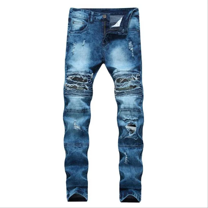 Jean de motard déchiré pour hommes, Streetwear, pantalon en Denim détruit, bas Slim, Patchwork, trou, crayon, printemps 2021