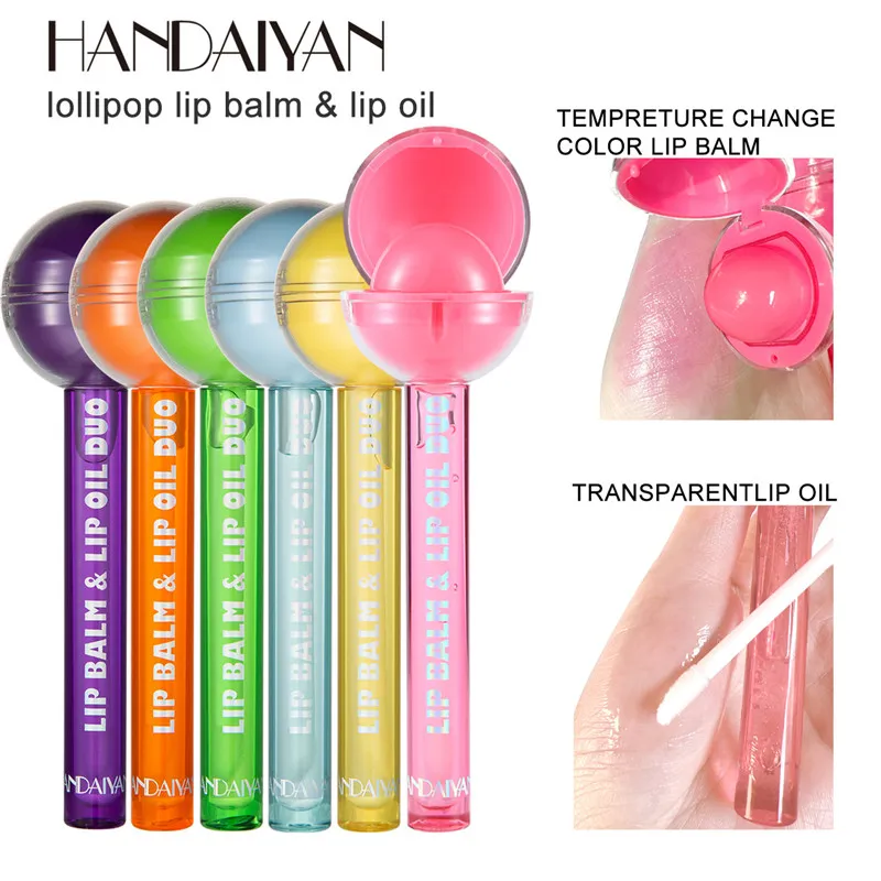 HANDAIYAN 2 em 1 pirulito de dupla pirulito Lip Balm de cor mudando hidratante batom labial óleo gloss