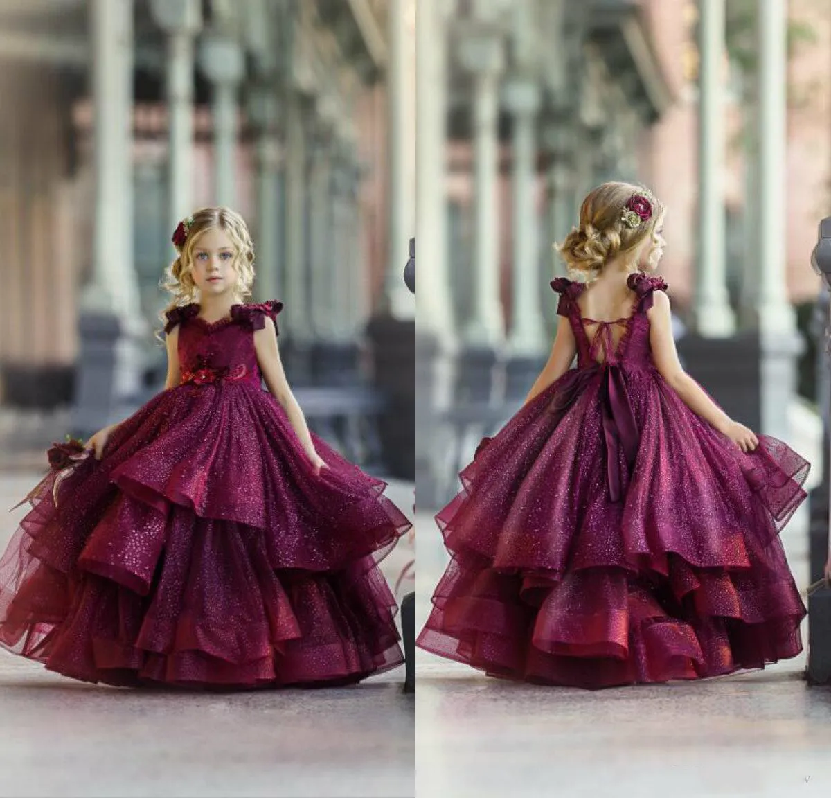 2020 Burgundy Flower Girl Dresses for Wedding Lace Beads 3D Floral Appliqued Little Girls Pageant Dresses Party Gowns Princess Wear