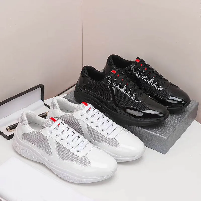 Men America`S Cup Xl Leather Sneakers High Quality Patent Leather Flat Trainers Black Mesh Lace-up Casual Shoes Outdoor Runner Trainers