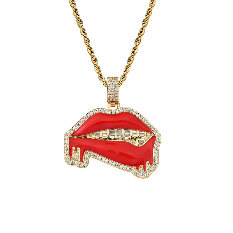 Hip Hop plaqué or 18 carats lèvres rouges Micro Zircon Collier lèvres Pendentif avec corde en acier inoxydable