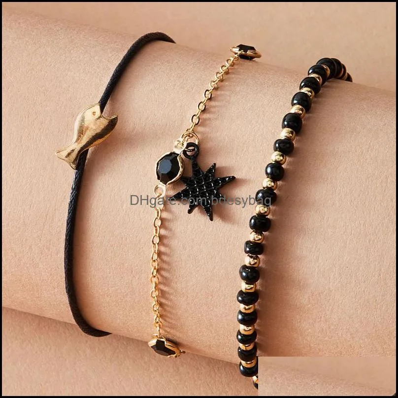 Fashion Black Star Anklets for Women Bohemian Adjustable Beaded Small Fish Foot Chains Party Jewelry 3pcs/set