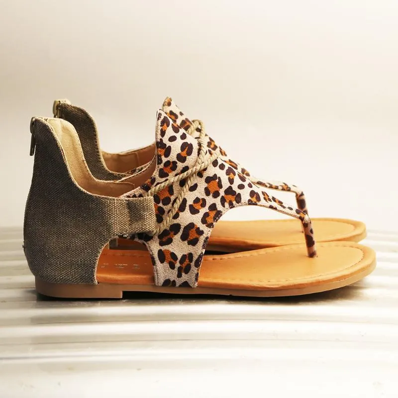 Women's Fashion Casual Shoes Women Leopard Flip Flop Low Heels Shoes Zipper Sandals Women Summer Beach Sandals Flat #g31