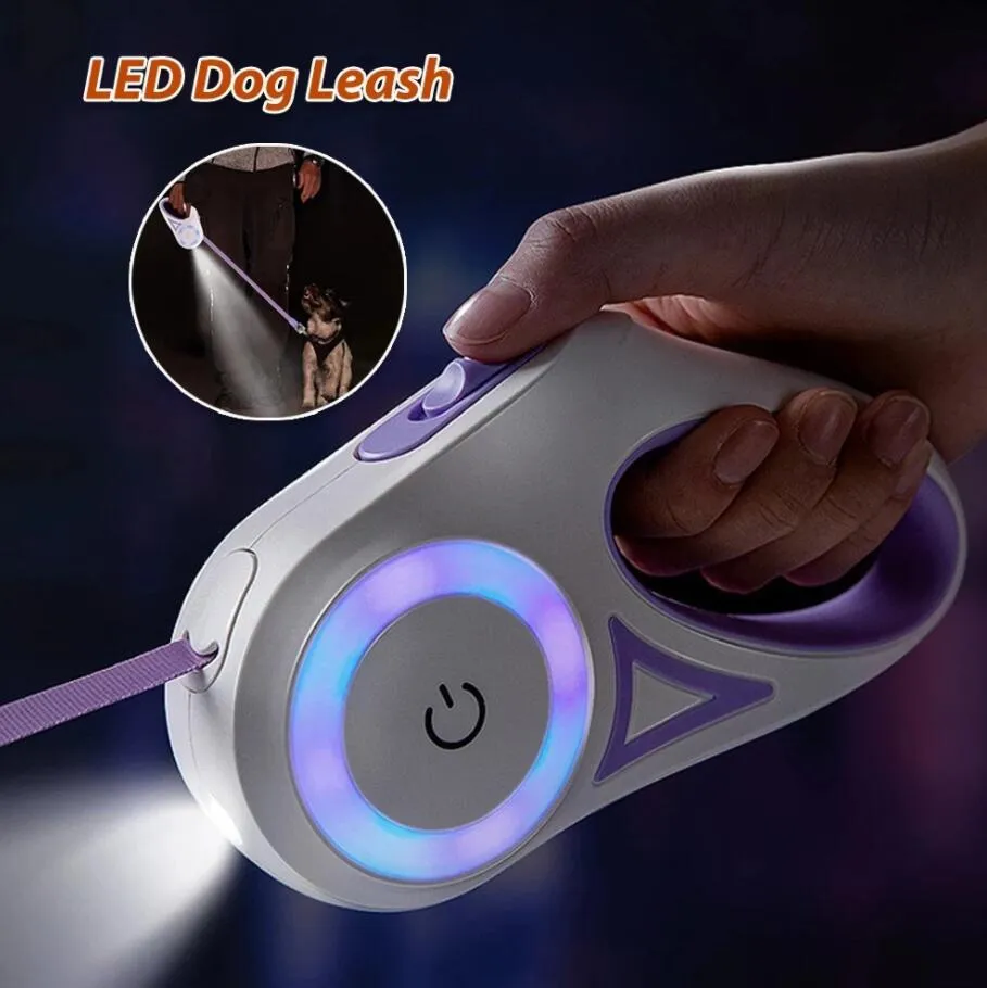 Retractable LED Dog Leash With Night Light Automatisk Utsträckning Reflekterande Pet Walking Leash Lead Cat Collar Harnesses levererar 3m