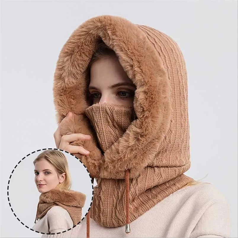 Winter Cap With Mask Set Hooded for Women Warm Knitted Cashmere Outdoor Ski Windproof Hat Thick Plush Fluffy Beanies Breathable 220124