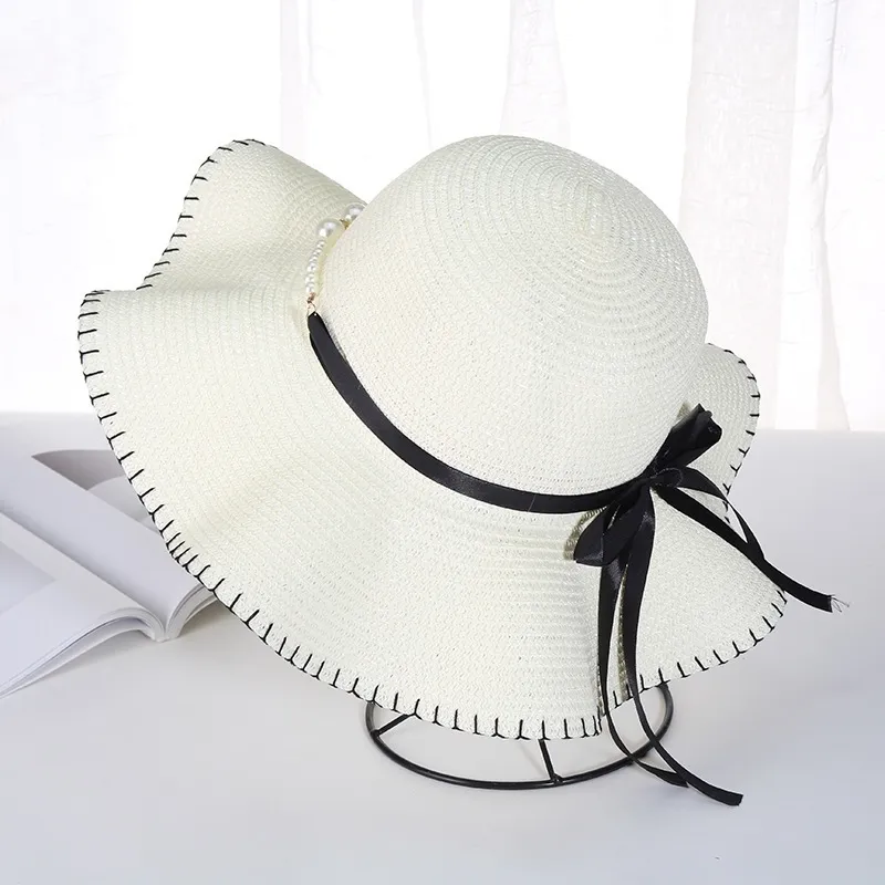 New Women's Summer Wave Design White Wide Brim Raffia Straw Hat with Ribbons Female Boho Big Floppy Sun Hats for The Beach Y200714
