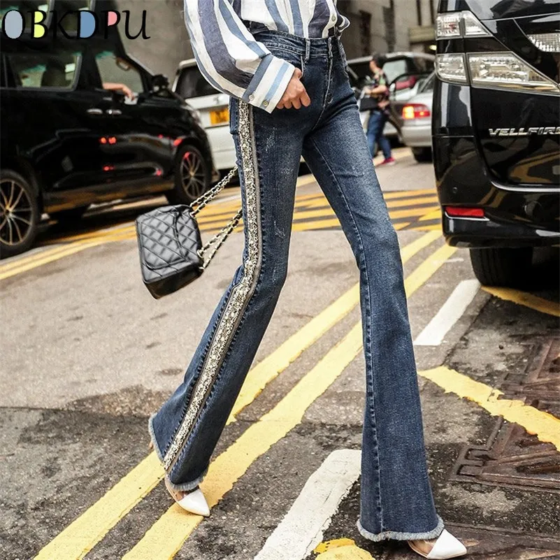 Plus Size Fringed Pearl Haftowany Flare Jeans Kobiety Boot Cut Spodnie Casual Stretch Skinny Bell Dolne Dżnowie Spodnie Streetwear LJ201029