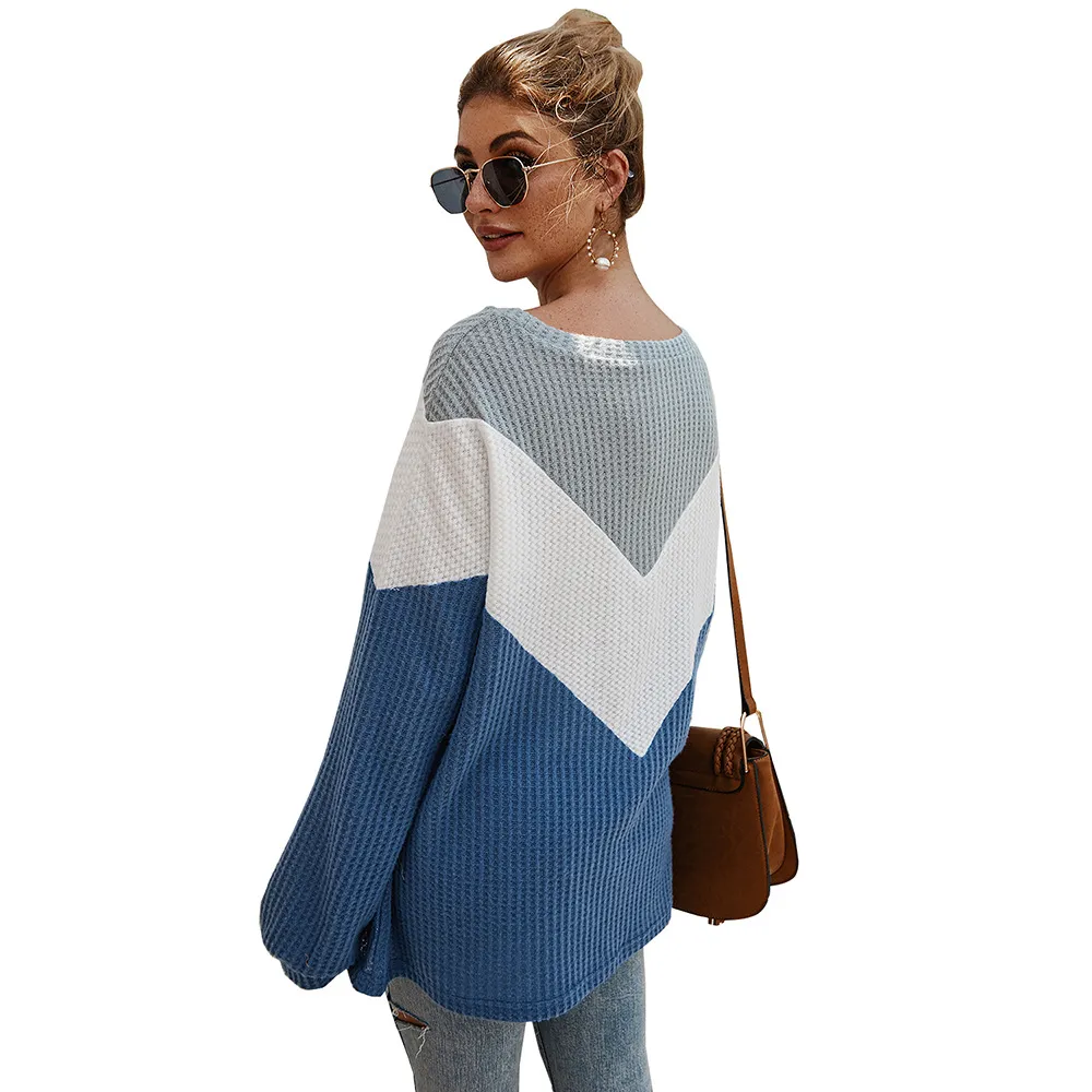 Women Designers Clothes 2020 Fashion Printing Contrast Color Knit Long Sleeve Round Collar Loose Type Pullover Sweater Women Winter