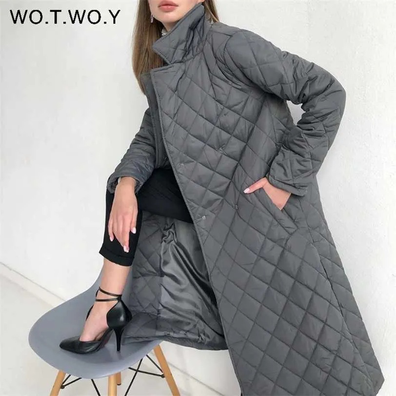 WOTWOY Argyle Long Parka rembourré en coton ceinturé épais veste d'hiver chaude femme décontracté manteaux solides pardessus 211223