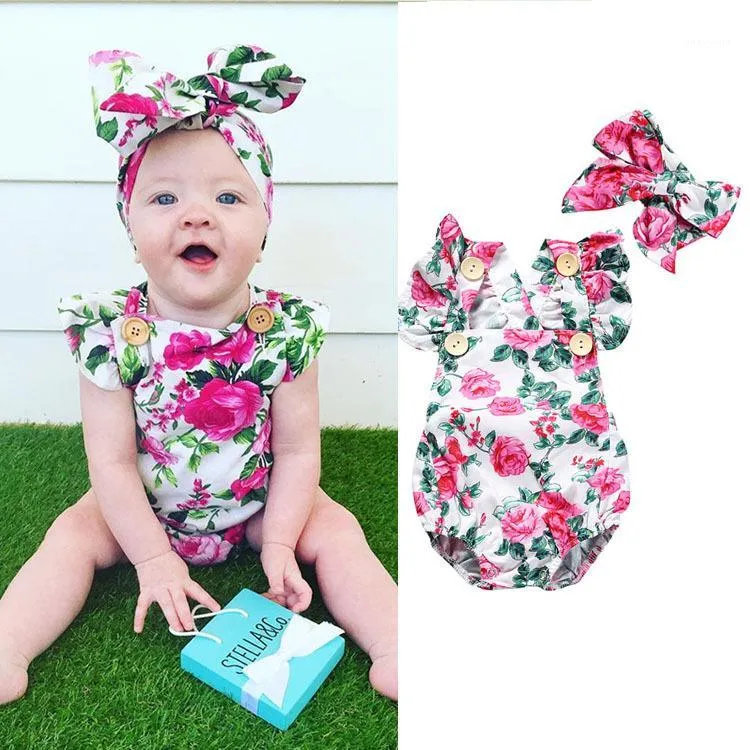 Pizzseoon babykleding lente zomer baby meisjes bloemen romper jumpsuit met hoofdband outfit meisje zomer kleding voor 1-3 y1