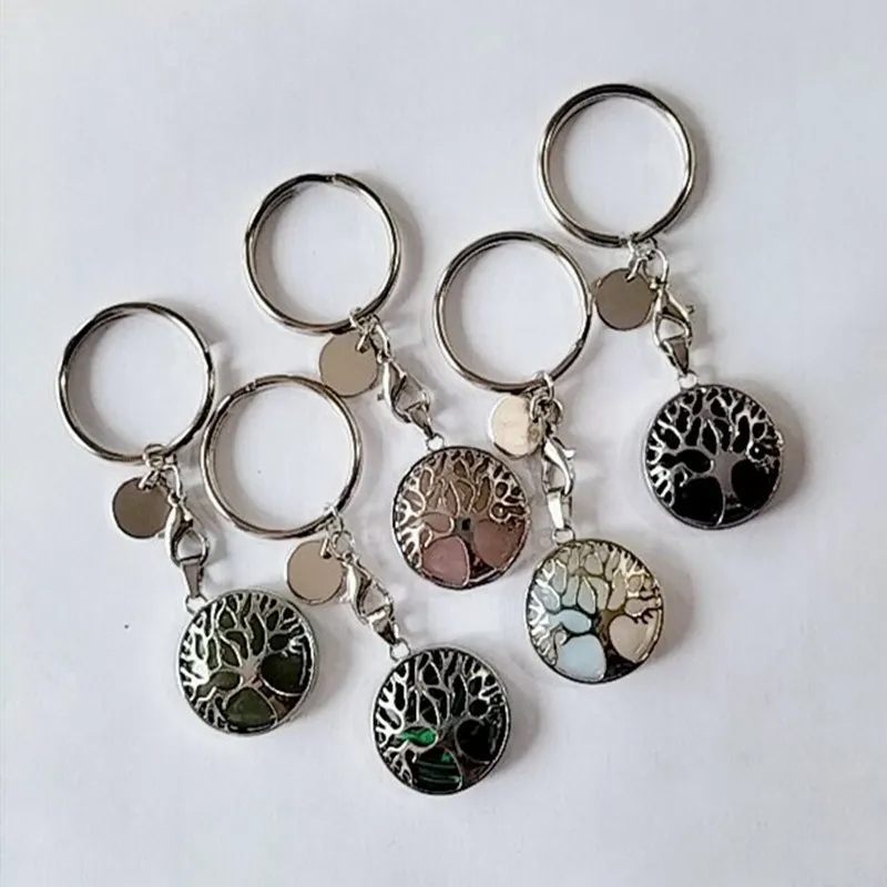Tree Of Life Natural Stone Round Keychain Silver Healing Crystal