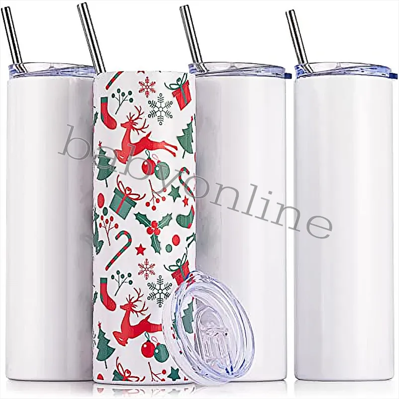 US Stock SubliMation Blanks Straight Tumbler 20 Oz Rostfritt stål Dubbelväggisolerad Slim Water Tumbler Cup med lock och halm 496