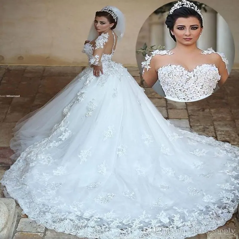 Robe de mariage Abito da sposa arabo 2019 Sheer Neck maniche lunghe Ball Gown Chapel Train Appliques Tulle Abiti da sposa