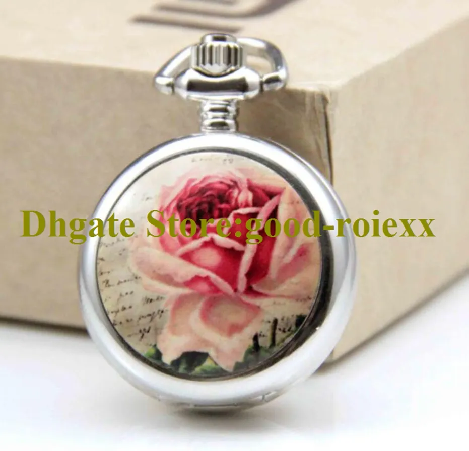 Gift Rose flower Enamel Women's Pocket Watch Necklace Accessories Sweater Chain Ladies Hanging Watches Mens Quartz Girls AA00115