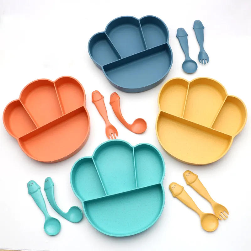 Set di stoviglie Piatto divisore di paglia riscaldante Mangiare addestramento Cucchiaio portatile Forchetta Piatti per la cena Set Cartoon Cat Claw Bambini Stoviglie Regalo WH0267