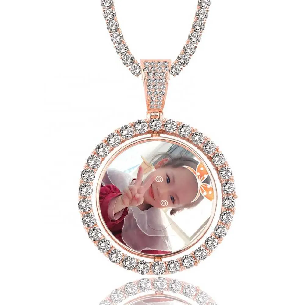 Catena di corda ghiacciata unisex stile hip-hop Collane con ciondolo con foto personalizzate Girevole Cubic Zirconia Regalo di gioielli Bling Rock