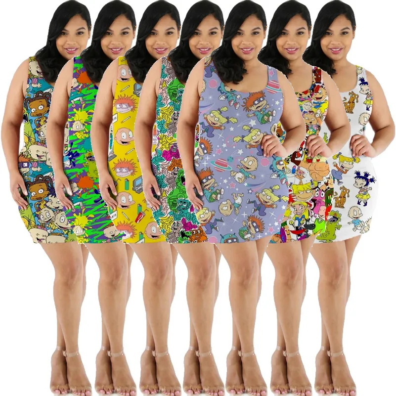 2022夏の女性服プラスサイズのミニドレスノースリーブセクシーなファッションY2K原宿印刷バルクアイテム卸売ロットK8734