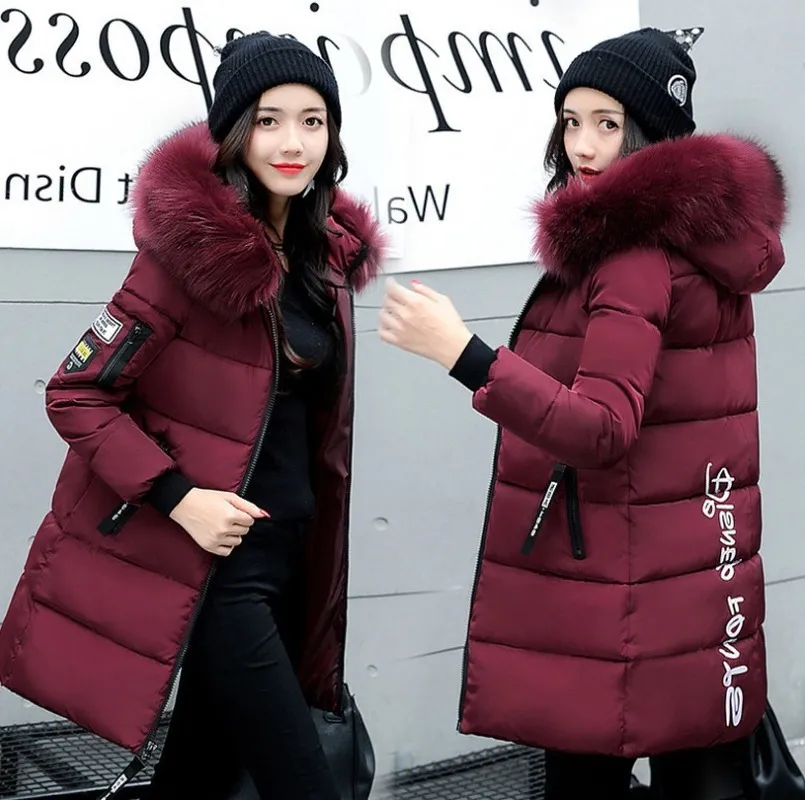 GOOHOJIO Arrival Slim Women Winter fur collar Jacket Cotton Padded Warm Thicken Ladies Coat Parka Womens Long coat Loose Style 201225
