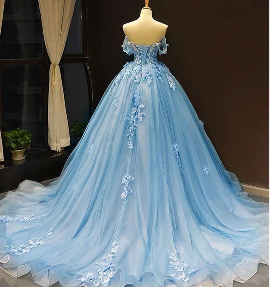 Off-Shoulder Lace Appliqued Light blue prom dress with Light Beading and Tulle Sweep Train Off-Shoulder Lace Appliqued Light blue prom dress with Light Beading and Tulle Sweep Train