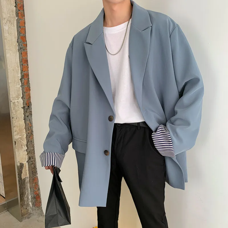 가을과 겨울 새로운 한국어 패션 캐주얼 정장 재킷 단단한 컬러 느슨한 청소년 인기 셔츠 블루 베이지 / 블랙 M - LJ201103