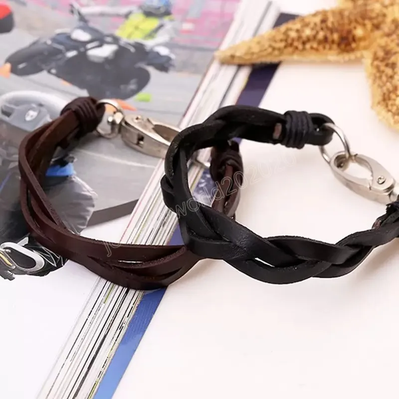 Hook Clasp Läder Weave Braid Armband Retro Svart Brun Armband För Kvinnor Mäns Mode Smycken