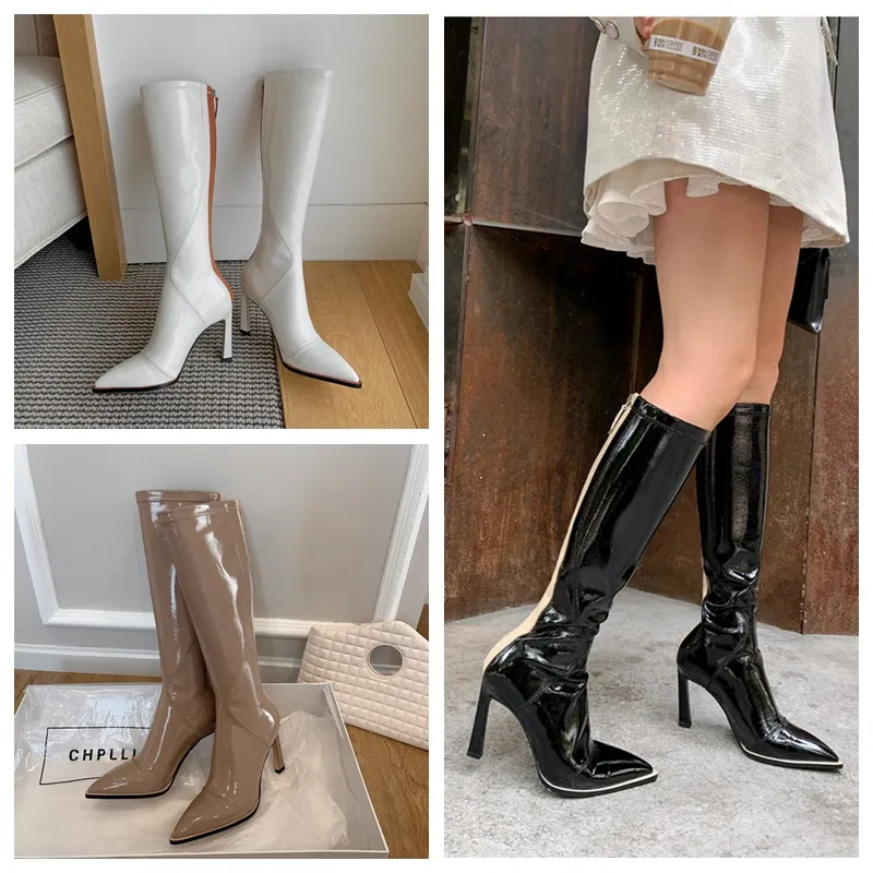 2021 9.5cm heels boots Patent leather stylish solid color pointed female women Thigh-High knee boots Fashion barreled stretch boots SW5050