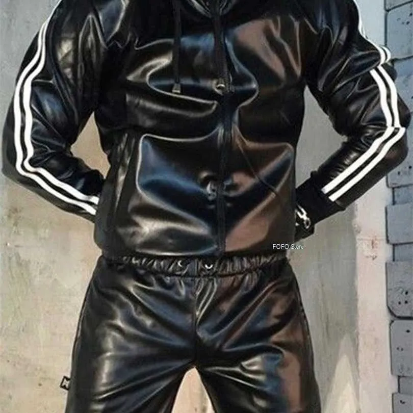 Men's PU Leather Gloss Wetlook Jacke Jacket Hoodie Jogging Suit Sportswear 211220