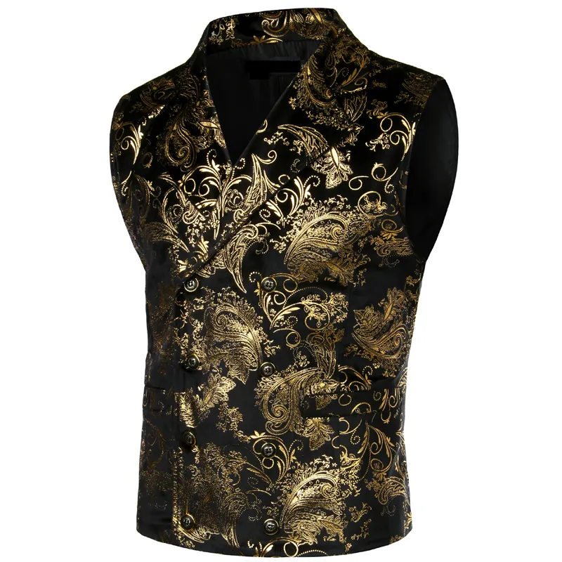 Mens Steampunk Victorian Gothic Cosplay Kostüm Weste Jacke Gold Paisley Jacquard Zweireiher Revers Smoking Weste Gilet 201106