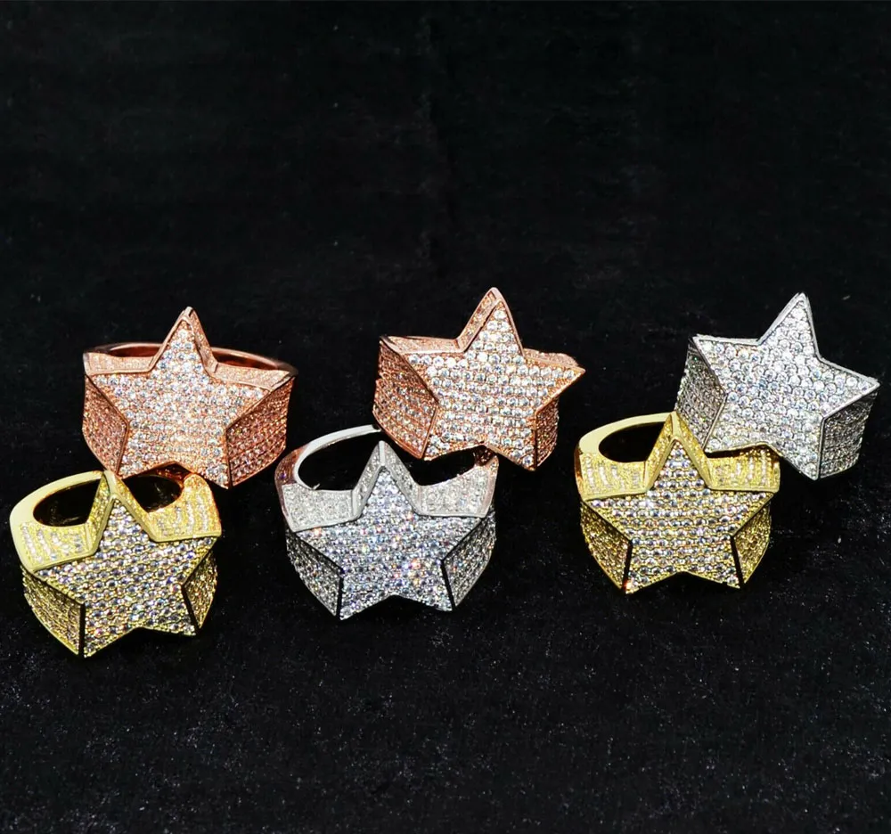 Mens 3D Star 14K Gold Plated Copper Rings Bling Iced Out CZ Stone Star Shape Ring Gold Silver Rosegold Hiphop Jewelry272C