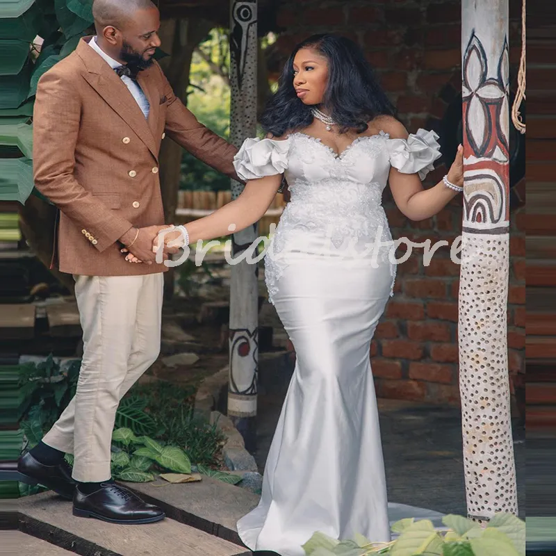 Argent Aso Ebi Sirène Robes De Bal Pour Les Filles Noires 2022 Volants Sur L'épaule Plus La Taille Robe De Soirée Africaine Avec Dentelle Satin Longue Fête Formelle Réception Porter