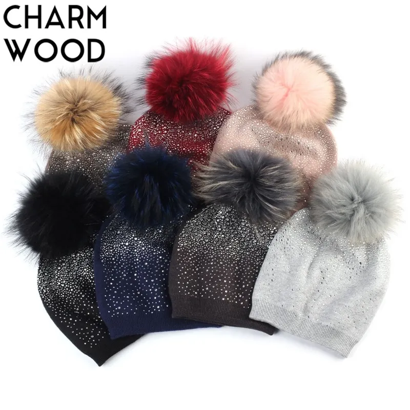 Femmes avec raton laveur pompon hiver chaud cachemire tricoté strass Slouchy Beanie Hat pour femme Skullies DQ876C Y200102