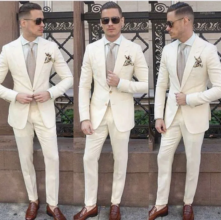 Erkek Takım Elbise Blazers Bej Blazer Pantolon Tasarım Erkekler Suit Damat Smokin Slim Fit İki Adet Özel Düğün Balo Blazer1