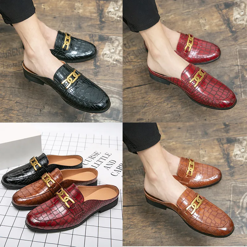 Top quality Crocodile pattern leather half-wrapped flat soled slippers Italian classic men leisure wear mules sandals outside slip-on shoes Large size 38-47