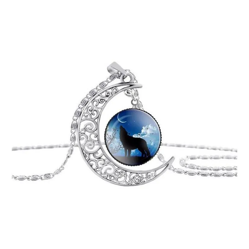  shipping wolf pattern moon time gemstone necklace pendant wfn178 (with chain) mix order 20 pieces a lot